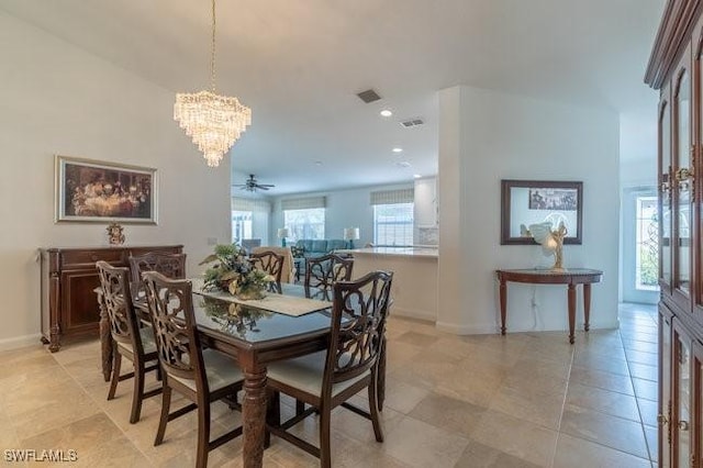 dining space with light tile patterned floors, recessed lighting, visible vents, baseboards, and an inviting chandelier