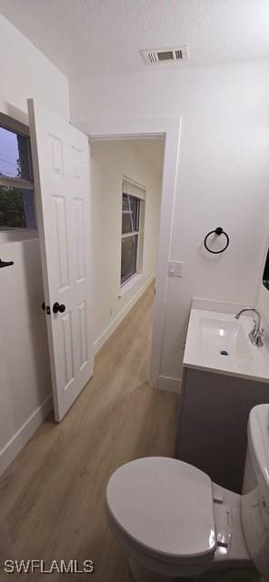 bathroom with hardwood / wood-style flooring, vanity, and toilet