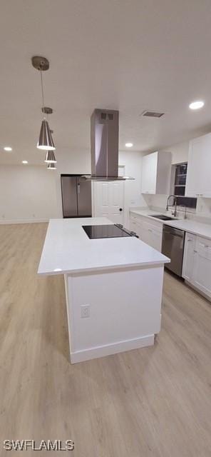 kitchen with white cabinetry, a center island, hanging light fixtures, black electric cooktop, and dishwasher