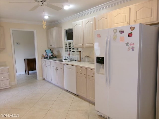 5447 Capbern Ct, Fort Myers, FL 33919 - kitchen with light countertops, white appliances, a sink, and crown molding