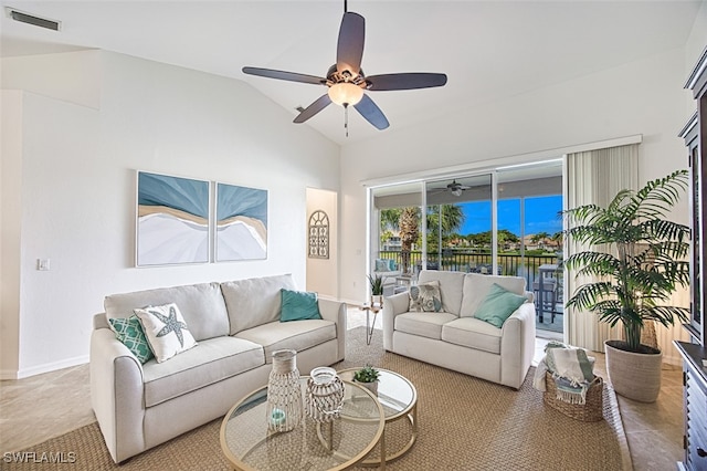 living area with visible vents, vaulted ceiling, baseboards, and ceiling fan