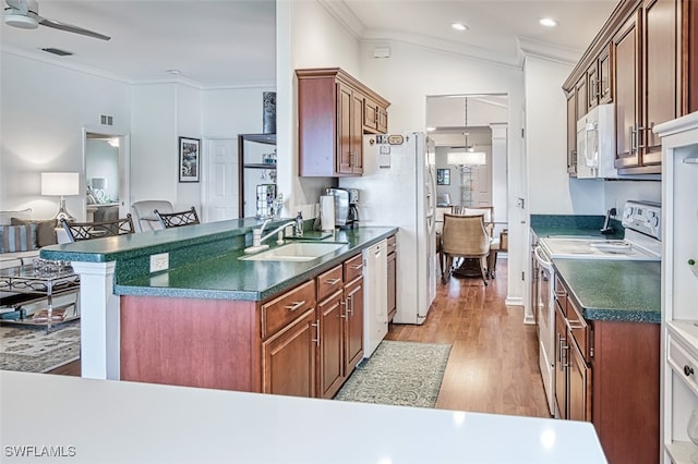 kitchen featuring white appliances, ornamental molding, light wood finished floors, dark countertops, and a sink