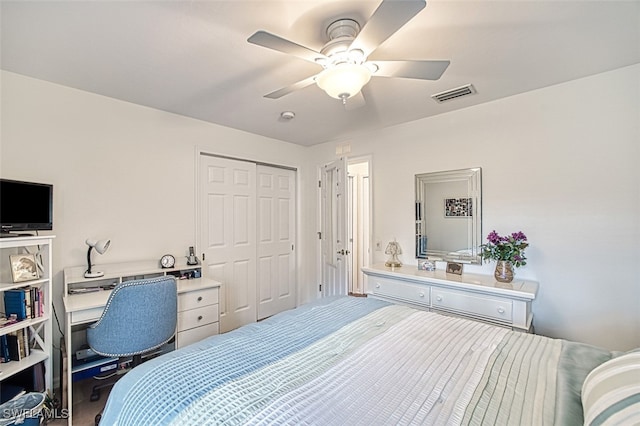 bedroom with ceiling fan, visible vents, and a closet