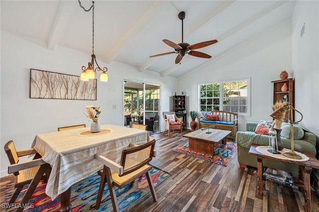 dining area with a healthy amount of sunlight, high vaulted ceiling, dark wood-type flooring, and beamed ceiling