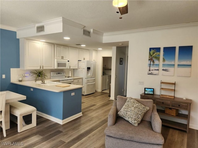 kitchen with white appliances, crown molding, washing machine and dryer, light countertops, and wood finished floors