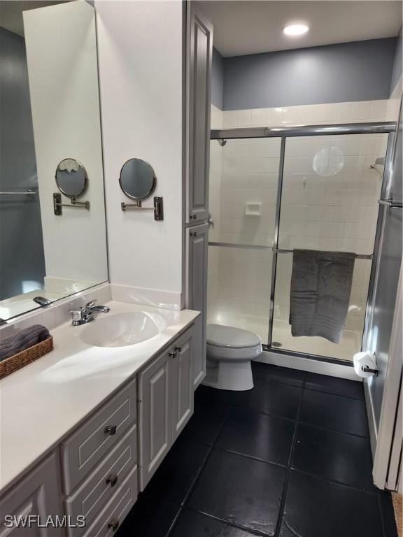 bathroom with toilet, a stall shower, tile patterned floors, vanity, and recessed lighting