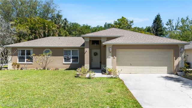 ranch-style home with concrete driveway, a front yard, roof with shingles, stucco siding, and a garage