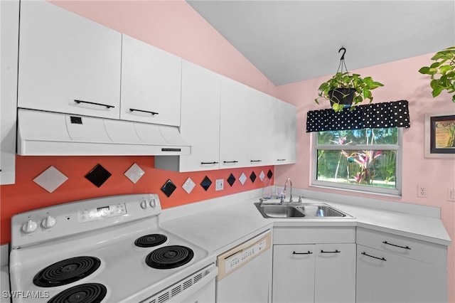 kitchen featuring under cabinet range hood, a sink, white appliances, white cabinets, and light countertops