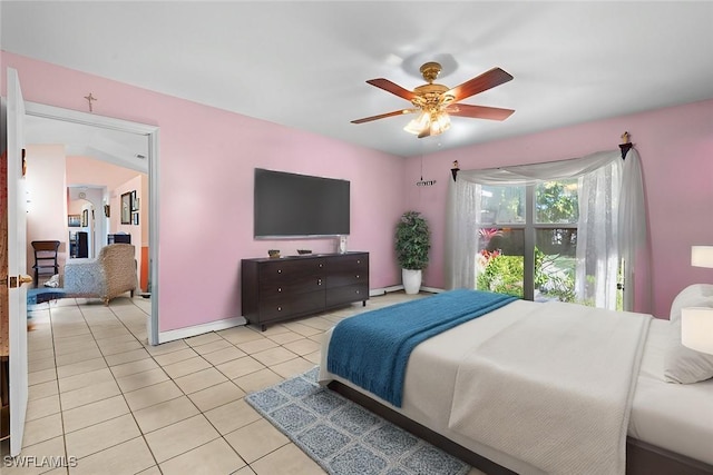 bedroom with light tile patterned flooring and ceiling fan