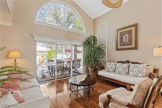 living room with ornamental molding, high vaulted ceiling, and wood-type flooring