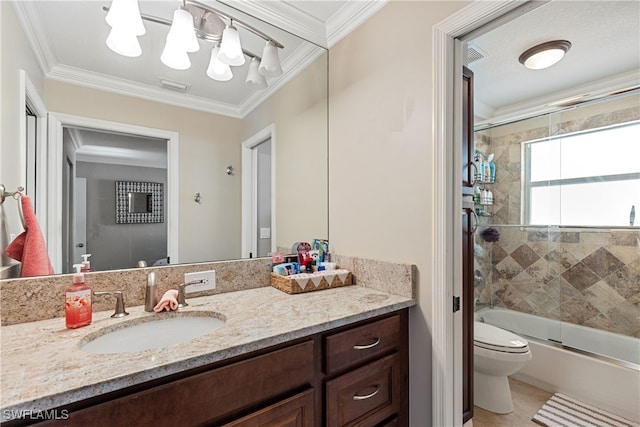 full bathroom with shower / bath combination with glass door, vanity, crown molding, and toilet