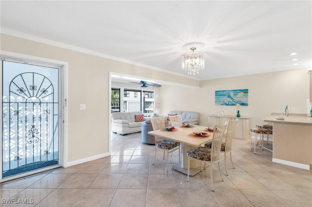 dining room featuring baseboards, ornamental molding, a chandelier, and light tile patterned flooring