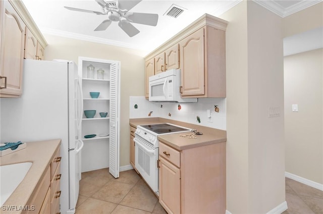 kitchen with light countertops, visible vents, ornamental molding, light brown cabinets, and white appliances