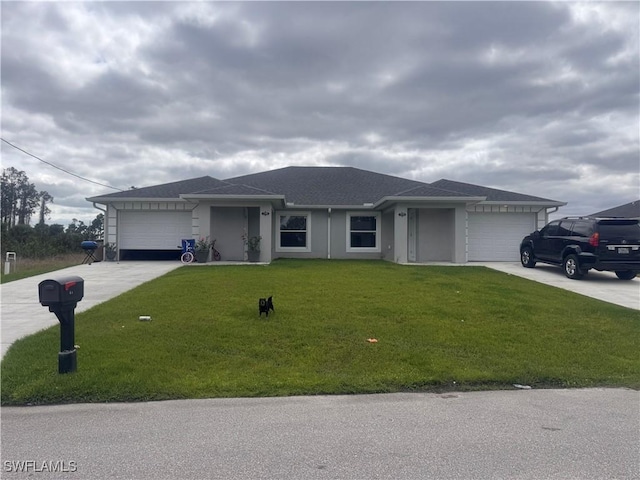 single story home with an attached garage, stucco siding, driveway, and a front yard