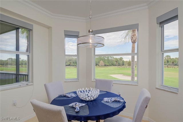 dining room featuring crown molding and baseboards