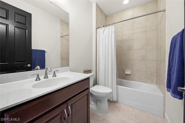 full bath featuring shower / bath combination with curtain, tile patterned flooring, vanity, and toilet