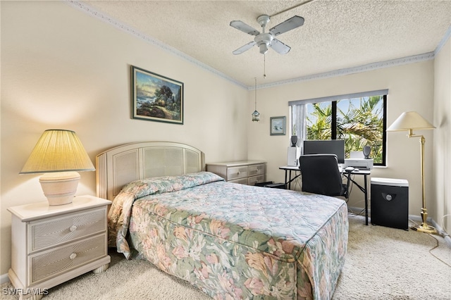 bedroom with light colored carpet, crown molding, a textured ceiling, and baseboards