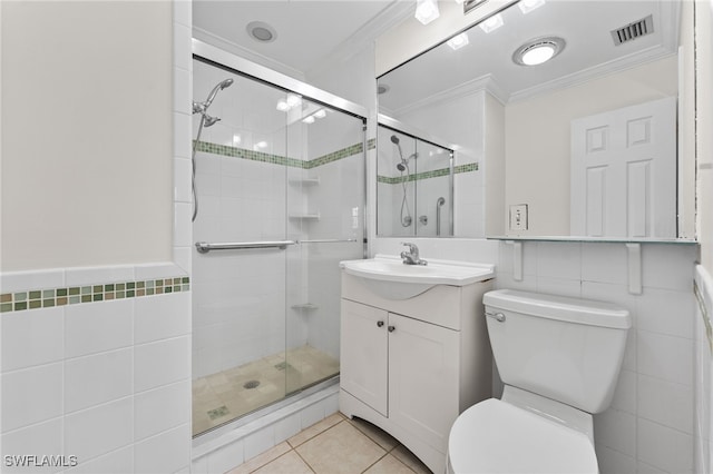 1050 Lake Mcgregor Dr Unit 6747, Fort Myers, FL 33919 - bathroom with ornamental molding, a shower stall, visible vents, and tile walls