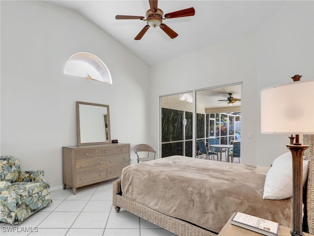 bedroom featuring lofted ceiling, light tile patterned flooring, a ceiling fan, and access to exterior