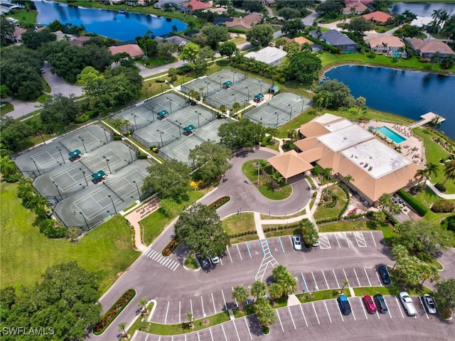 aerial view with a water view and a residential view