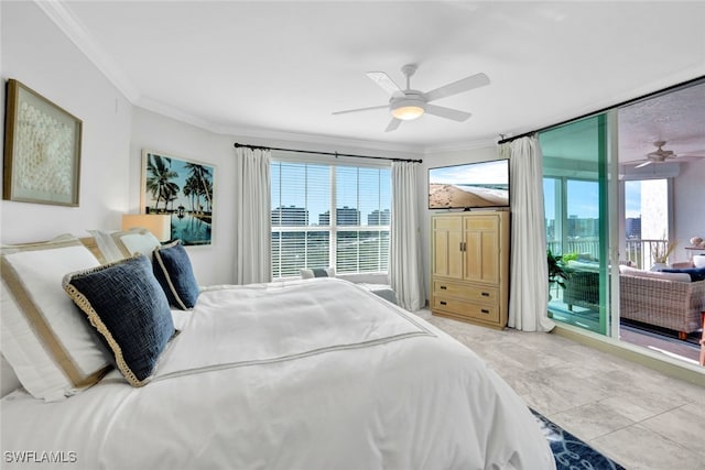 bedroom featuring access to outside, multiple windows, and crown molding