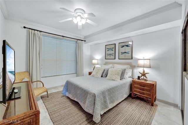 bedroom featuring ceiling fan, ornamental molding, and baseboards