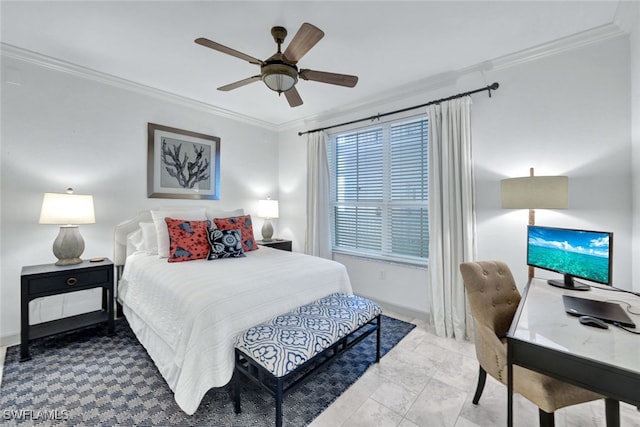 bedroom featuring ornamental molding, baseboards, and a ceiling fan