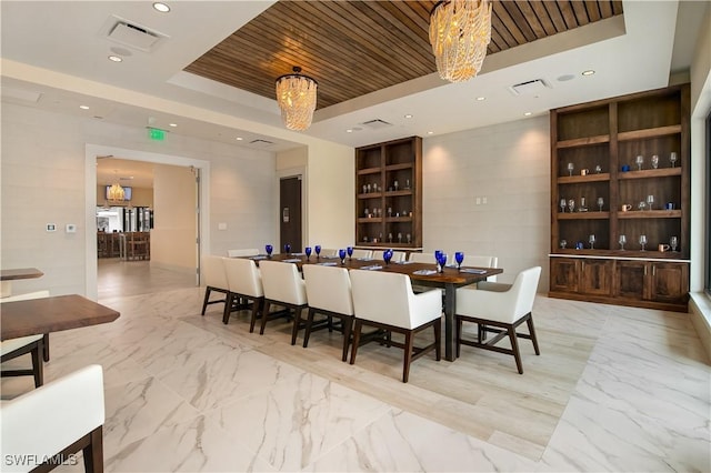 dining space with recessed lighting, wood ceiling, visible vents, marble finish floor, and a raised ceiling