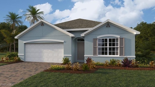 view of front of home with a garage, roof with shingles, decorative driveway, stucco siding, and a front lawn