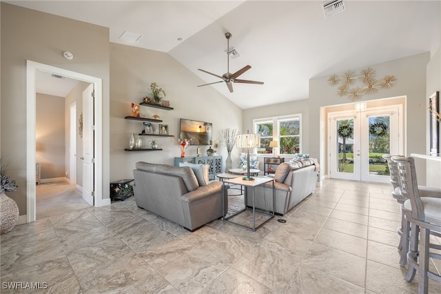 living room featuring visible vents, baseboards, lofted ceiling, ceiling fan, and french doors