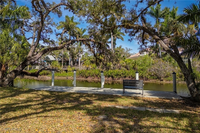 view of property's community with a water view and a yard