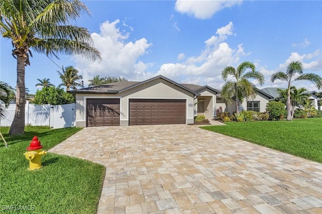 view of front of property with a garage and a front lawn