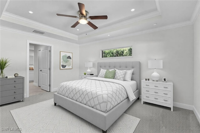 1729 SW 22nd Ter, Cape Coral, FL 33991 - carpeted bedroom featuring ceiling fan, ornamental molding, and a raised ceiling