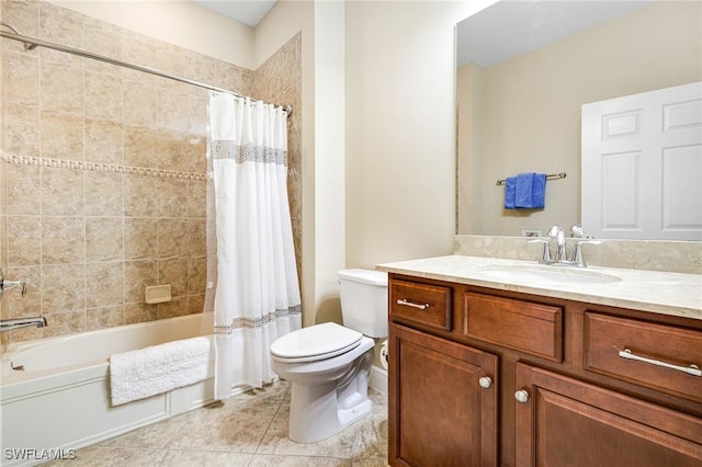 bathroom with tile patterned flooring, toilet, shower / bathtub combination with curtain, and vanity