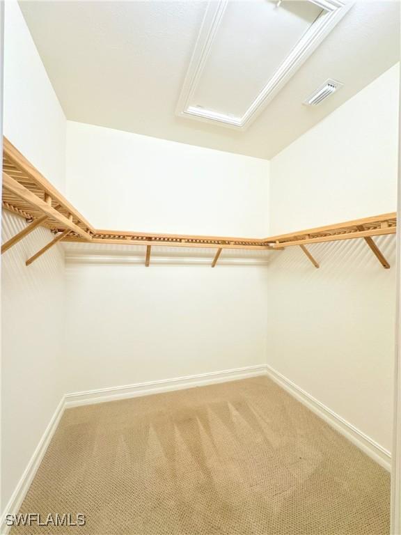 spacious closet with attic access, light colored carpet, and visible vents