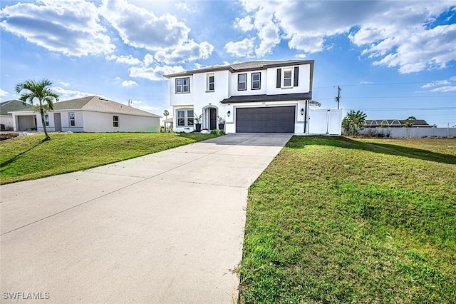 view of front of property featuring a front lawn and a garage