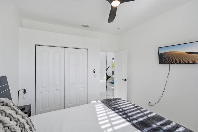 bedroom featuring ceiling fan and a closet