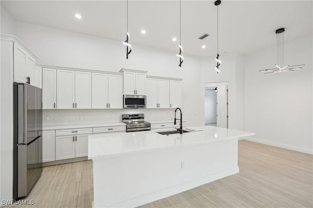 kitchen with appliances with stainless steel finishes, white cabinetry, and a center island with sink