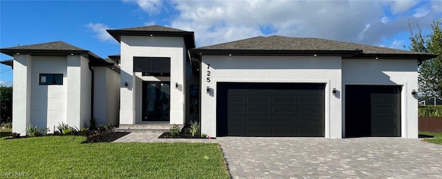 view of front of property with decorative driveway, a front yard, an attached garage, and stucco siding