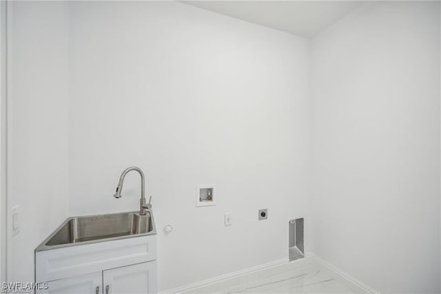 laundry area with washer hookup, marble finish floor, cabinet space, a sink, and electric dryer hookup