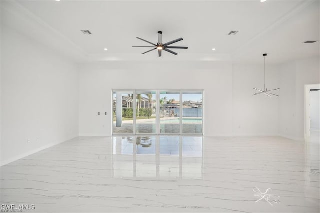 empty room featuring crown molding, baseboards, visible vents, and a ceiling fan