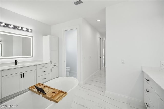 full bathroom featuring recessed lighting, visible vents, vanity, baseboards, and marble finish floor