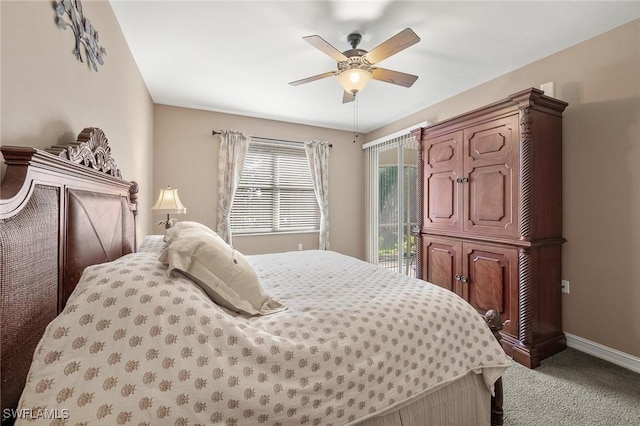 bedroom featuring access to exterior, carpet, baseboards, and a ceiling fan