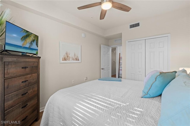 bedroom featuring a closet, visible vents, and ceiling fan