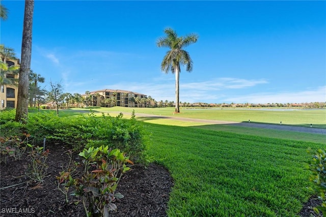 view of community featuring a water view and a lawn