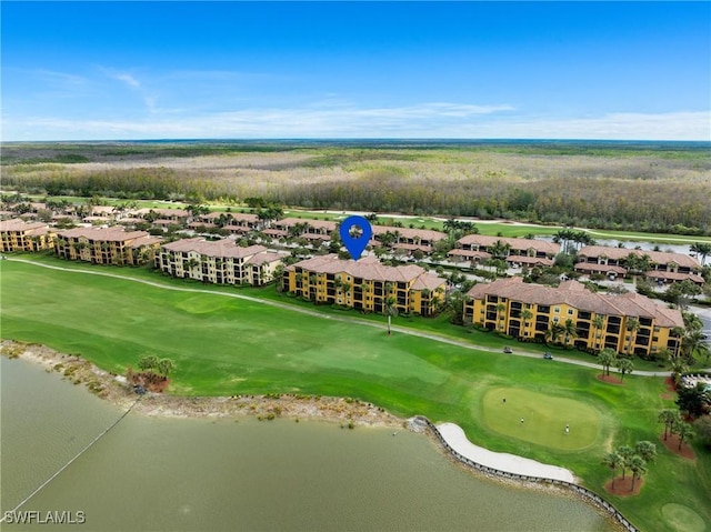 bird's eye view with golf course view and a water view