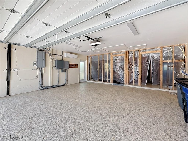 garage featuring a wall mounted AC, electric panel, and a garage door opener