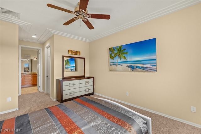 bedroom with baseboards, visible vents, a ceiling fan, ornamental molding, and carpet floors