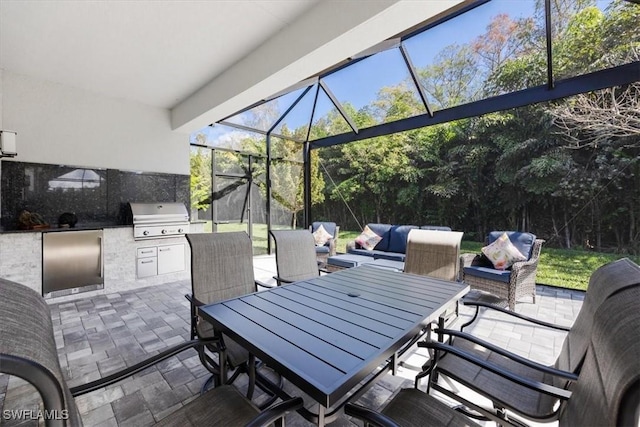 view of patio / terrace featuring area for grilling, glass enclosure, grilling area, an outdoor living space, and outdoor dining space