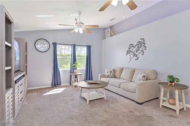 carpeted living room featuring lofted ceiling, a ceiling fan, visible vents, and baseboards